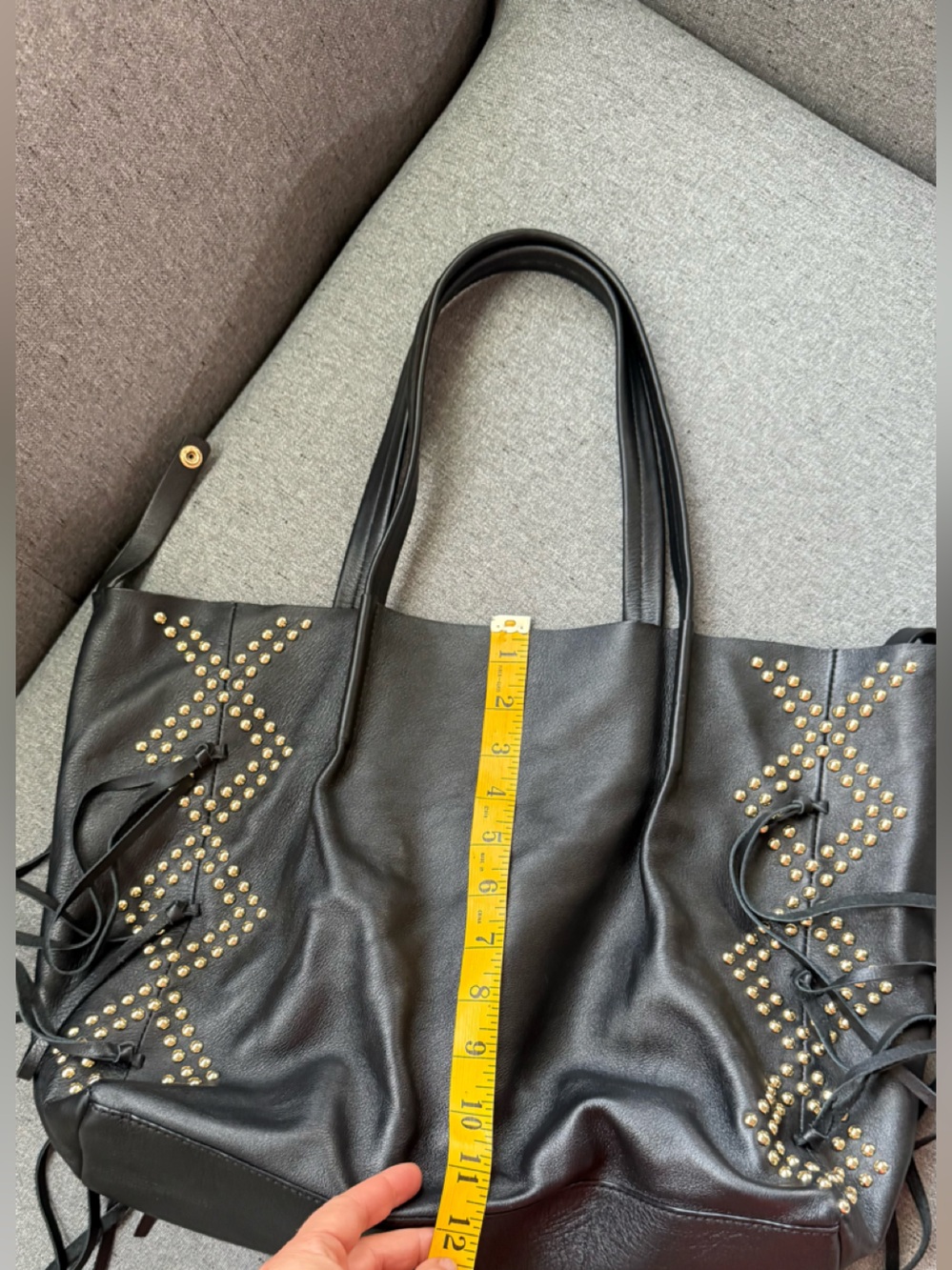 Blow The Belt Black Leather Studded Fringe Tote Bag Large Shoulder Bag Boho West - Picture 7 of 10